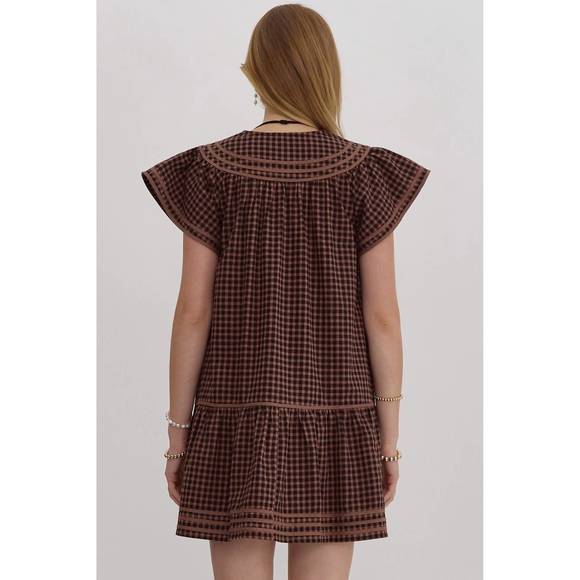 NEW ENTRO gingham mini dress in brown - Picture 2 of 4